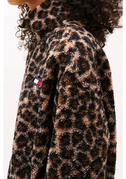 Kadın Regular Fit Leopar Desenli Dik Yaka Polar Ceket - Kahverengi fırsatları