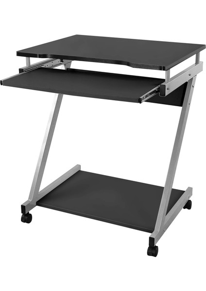 Çalışma Masası, 2&apos;si Frenli Toplam 4 Tekerlekli Bilgisayar Masası, Pc Masası, Pürüzsüz Klavye Çekmecesi, Montaj, Yerden Tasarruflu Z-Şekilli Pc Masası, Siyah, LCD811B