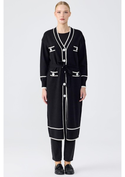 22008 Çizgili Pat Detaylı Triko Hırka