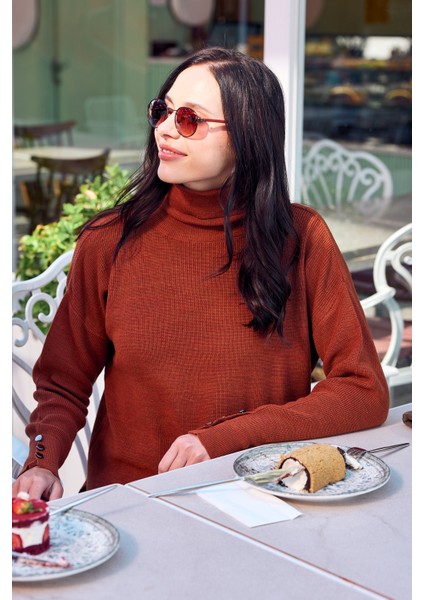 Tam Balıkçı Arkası Uzun Triko Kazak - Kiremit