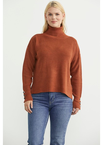 Tam Balıkçı Arkası Uzun Triko Kazak - Kiremit fiyatları