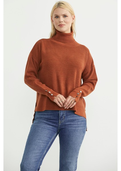 Tam Balıkçı Arkası Uzun Triko Kazak - Kiremit modelleri