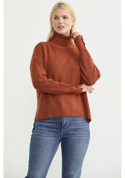 Tam Balıkçı Arkası Uzun Triko Kazak - Kiremit fırsatları