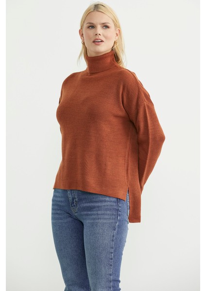 Tam Balıkçı Arkası Uzun Triko Kazak - Kiremit indirimleri