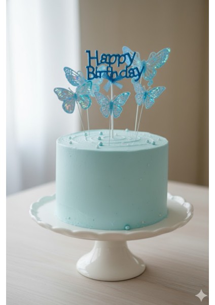 Pasta Üstü Happy Birhtday & Kelebek Süs Seti Mavi