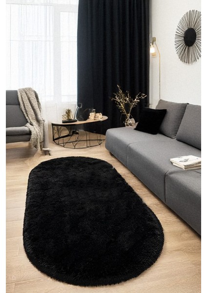 Siyah Oval Post Halı Peluş Yumuşak Kaymaz Dot Taban Antibakteriyel Makinada Yıkanabilir Yolluk modelleri