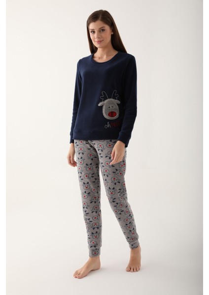Arnetta Oh Deer Lacivert Kadın Uzun Kol Polar Pijama Takım