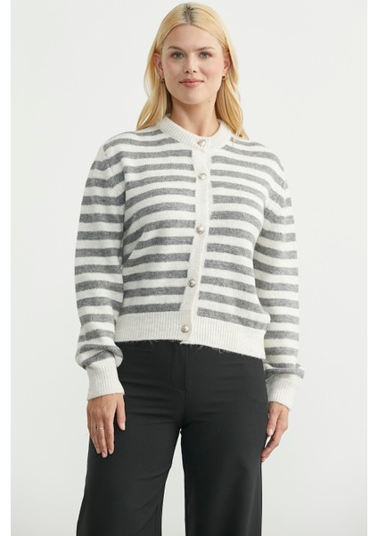 Çizgili Metal Düğmeli Triko Hırka - Füme