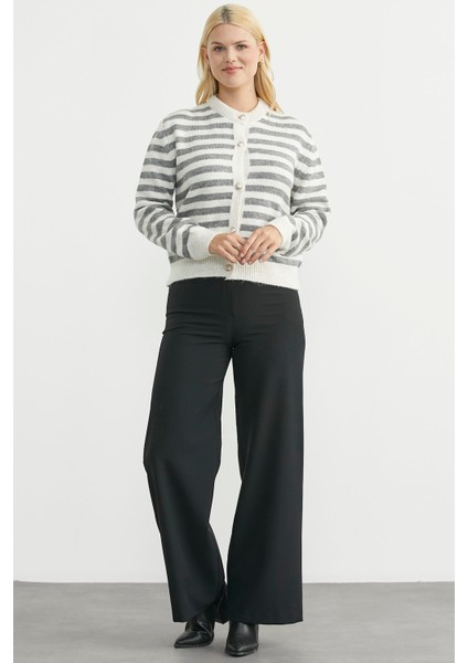 Çizgili Metal Düğmeli Triko Hırka - Füme fiyatları