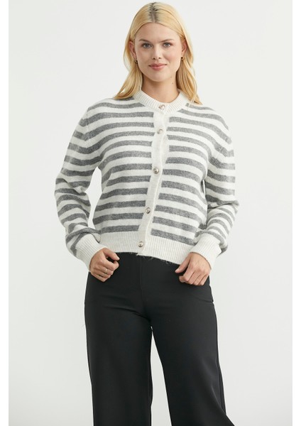 Çizgili Metal Düğmeli Triko Hırka - Füme modelleri
