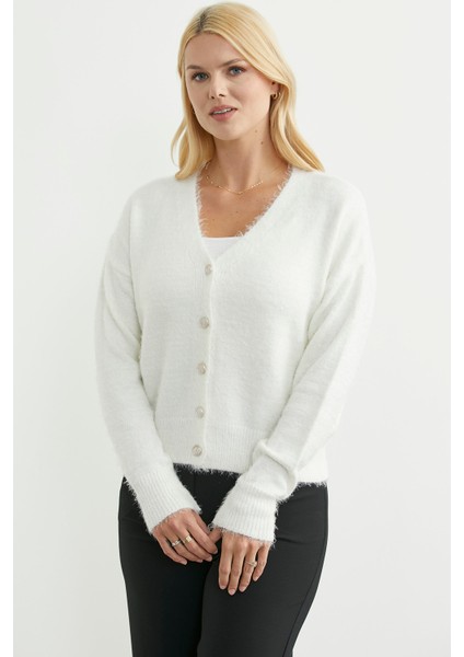 Pamuklu Yumoş Triko Hırka - Beyaz