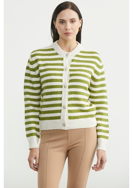 Çizgili Metal Düğmeli Triko Hırka - Zeytin Yeşil