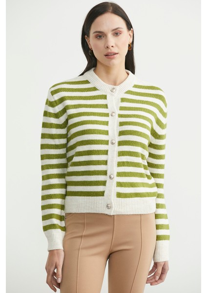 Çizgili Metal Düğmeli Triko Hırka - Zeytin Yeşil fiyatları