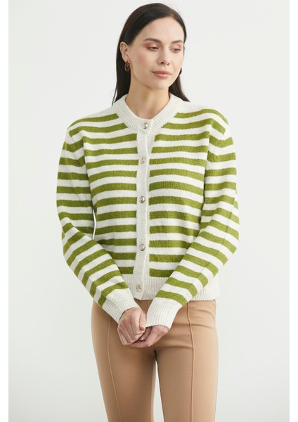 Çizgili Metal Düğmeli Triko Hırka - Zeytin Yeşil modelleri