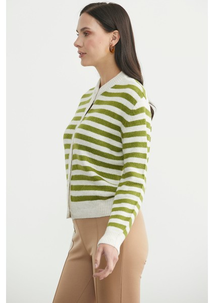 Çizgili Metal Düğmeli Triko Hırka - Zeytin Yeşil indirimleri
