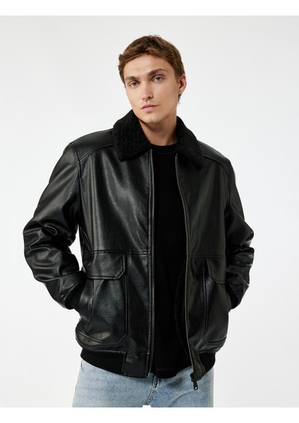 Uzun Kollu Cep Detaylı Slim Fit Fermuarlı Peluş Yaka Kışlık Suni Deri Ceket