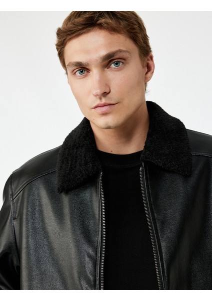 Uzun Kollu Cep Detaylı Slim Fit Fermuarlı Peluş Yaka Kışlık Suni Deri Ceket fiyatları
