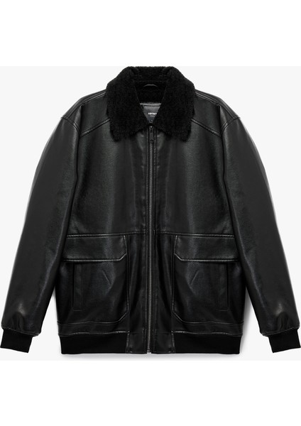 Uzun Kollu Cep Detaylı Slim Fit Fermuarlı Peluş Yaka Kışlık Suni Deri Ceket modelleri