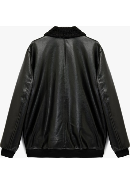 Uzun Kollu Cep Detaylı Slim Fit Fermuarlı Peluş Yaka Kışlık Suni Deri Ceket fırsatları