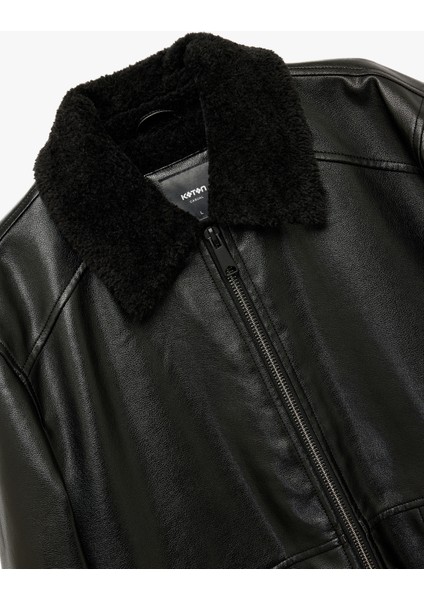 Uzun Kollu Cep Detaylı Slim Fit Fermuarlı Peluş Yaka Kışlık Suni Deri Ceket indirimleri