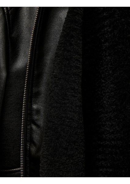 Uzun Kollu Cep Detaylı Slim Fit Fermuarlı Peluş Yaka Kışlık Suni Deri Ceket