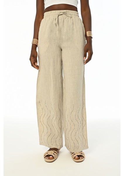 Kadın Rahat Kalıp Bol Paça Beli Lastikli Taş Işlemeli Natur Pantolon
