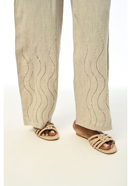 Kadın Rahat Kalıp Bol Paça Beli Lastikli Taş Işlemeli Natur Pantolon fırsatları