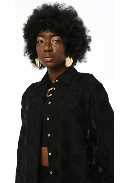 Kadın Siyah Renk Ince Kumaş Damalı Oversize Kesim Gömlek fiyatları