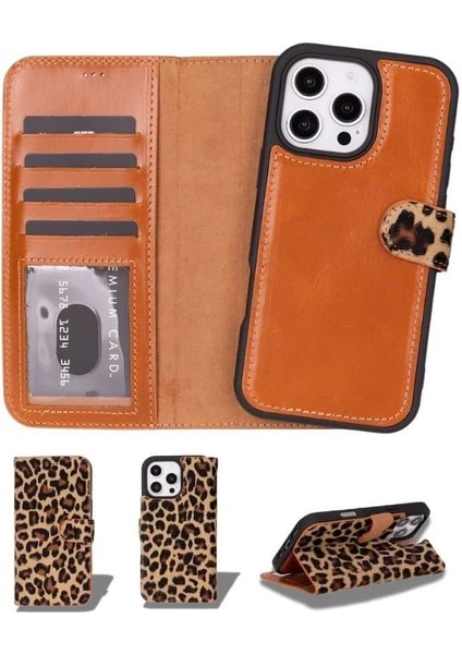 Apple iPhone 16 Pro Uyumlu, Hakiki Deri, El Yapımı, Cüzdanlı Kılıf, Leopar indirimleri