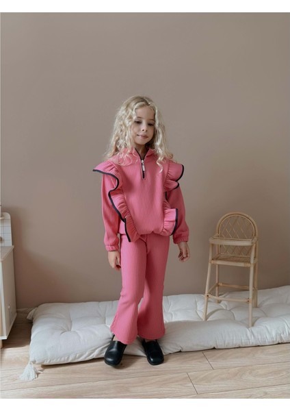 3-12 Yaş Fittili Şardonlu Kız Eşofman Takım- 7108400 - Pembe