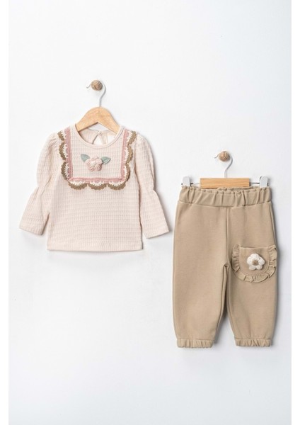 Via Girls Ikili Çiçek Detaylı TAKIM-9778285 - Bej