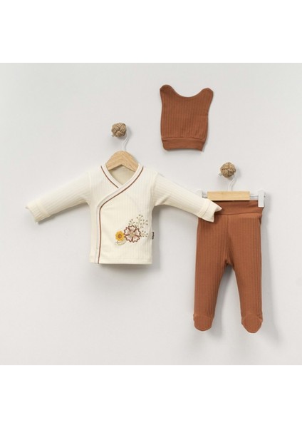 Babycan 9426 Çiçek Nakışlı Üçlü Yenidoğan Takım - Kahverengi