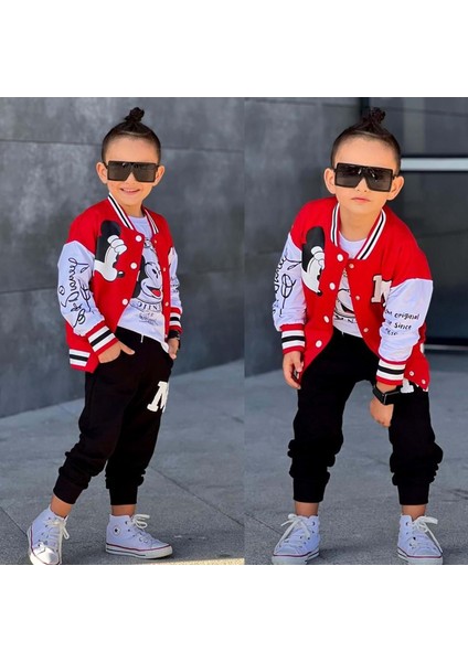 2-8 Yaş Mickey Nakışlı Kolej Ceketli Eşofman Takım- 1752360 - Kırmızı