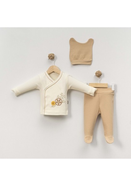 Babycan 9426 Çiçek Nakışlı Üçlü Yenidoğan Takım - Bej