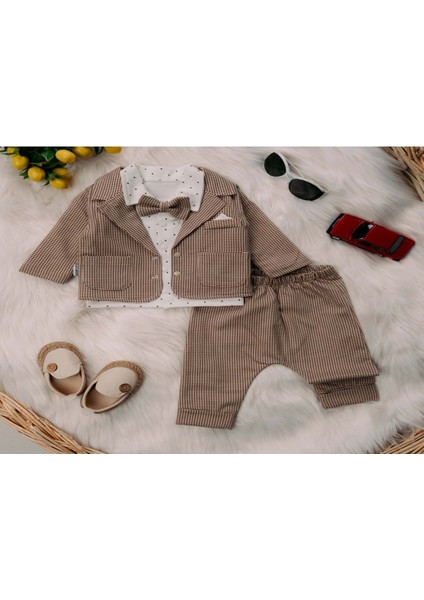 Mini Pakel 3-12 Aylık Erkek Mendilli Hırkalı Üçlü TAKIM-1385300 - Açık Kahve