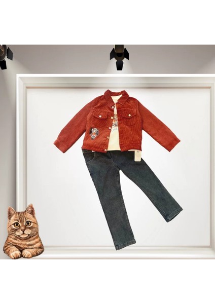 Litaetrend 3-4-5 Yaş Fitilli Kadife Ceket Kot Pantolonlu 3lü Kız Erkek Çocuk Takımı Kiremit
