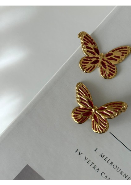 Kelebek Model Bordo Renk Vip Gold Çelik Küpe modelleri