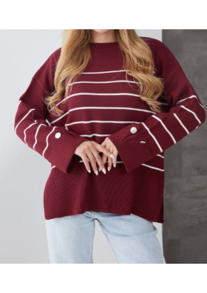 Bordo Kol Duğmeli Çizgili Triko Kazak