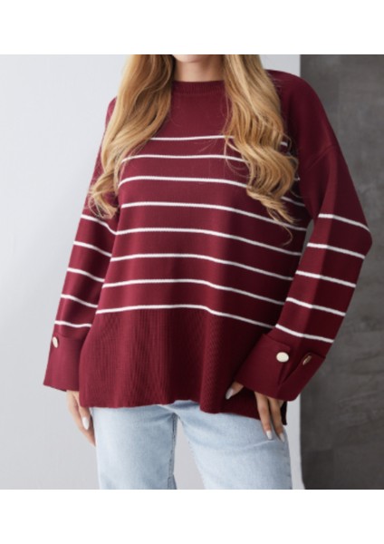 Bordo Kol Duğmeli Çizgili Triko Kazak fiyatları