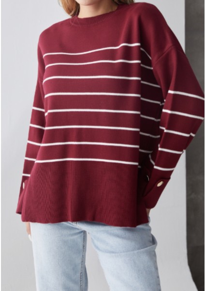 Bordo Kol Duğmeli Çizgili Triko Kazak modelleri