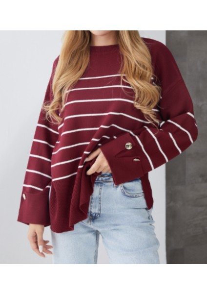 Bordo Kol Duğmeli Çizgili Triko Kazak fırsatları