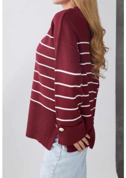 Bordo Kol Duğmeli Çizgili Triko Kazak indirimleri