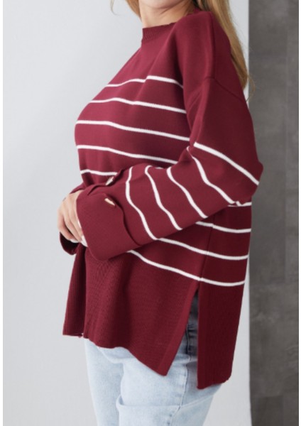 Bordo Kol Duğmeli Çizgili Triko Kazak