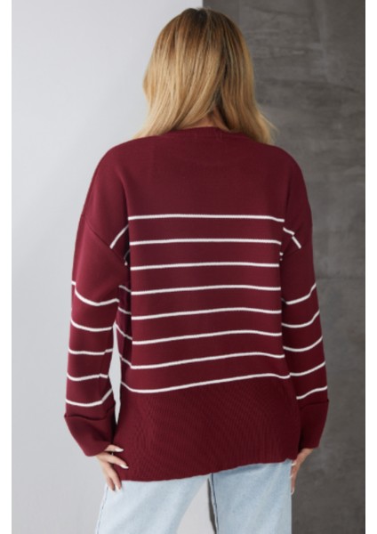 Bordo Kol Duğmeli Çizgili Triko Kazak