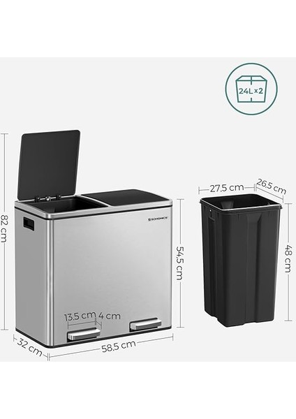 2 Bölmeli Atık Ayırma Sistemli Pedallı Çöp Kovası, Atık Kovası, Mutfak Için, 2 x 24 L, Yumuşak Kapanmalı, Plastik Iç Kova, Pedallı ve Kulplu, Gümüş Rengi, LTB48NL indirimleri
