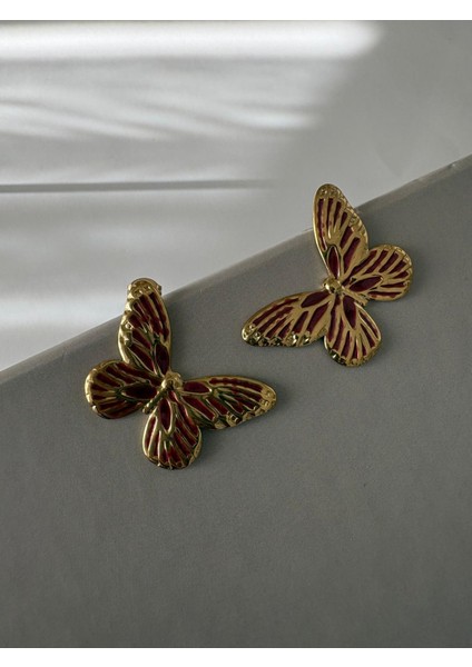 Kelebek Model Bordo Renk Vip Gold Çelik Küpe