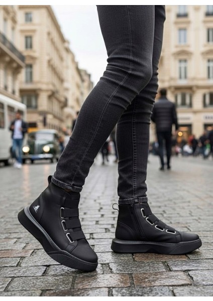 Bantlı Rahat Taban Siyah Yüksek Tabanlı Bağcıksız Erkek Bot TARZ0142
