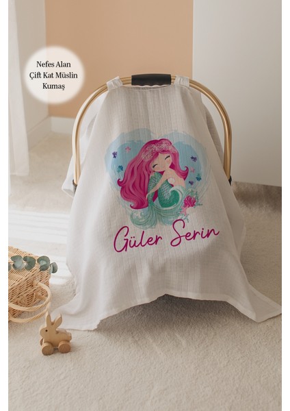 %100 Pamuk Isme Özel Çift Katlı Müslin Puset Örtüsü -Deniz Kızı