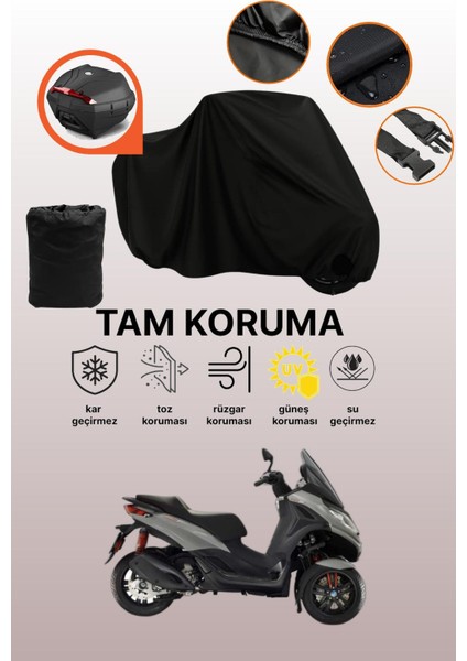 Siyah Arka Çanta Uyumlu Piaggio Mp3 500 Uyumlu Motosiklet Brandası, Koruyucu Örtü
