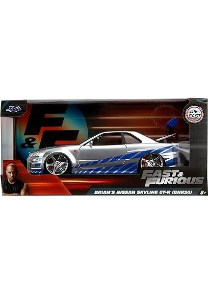 Toys Fast & Furious Brian S 2002 Nissan Skyline R34 Die-Cast Car, 1:24 Scale, Silver & Blue fiyatları